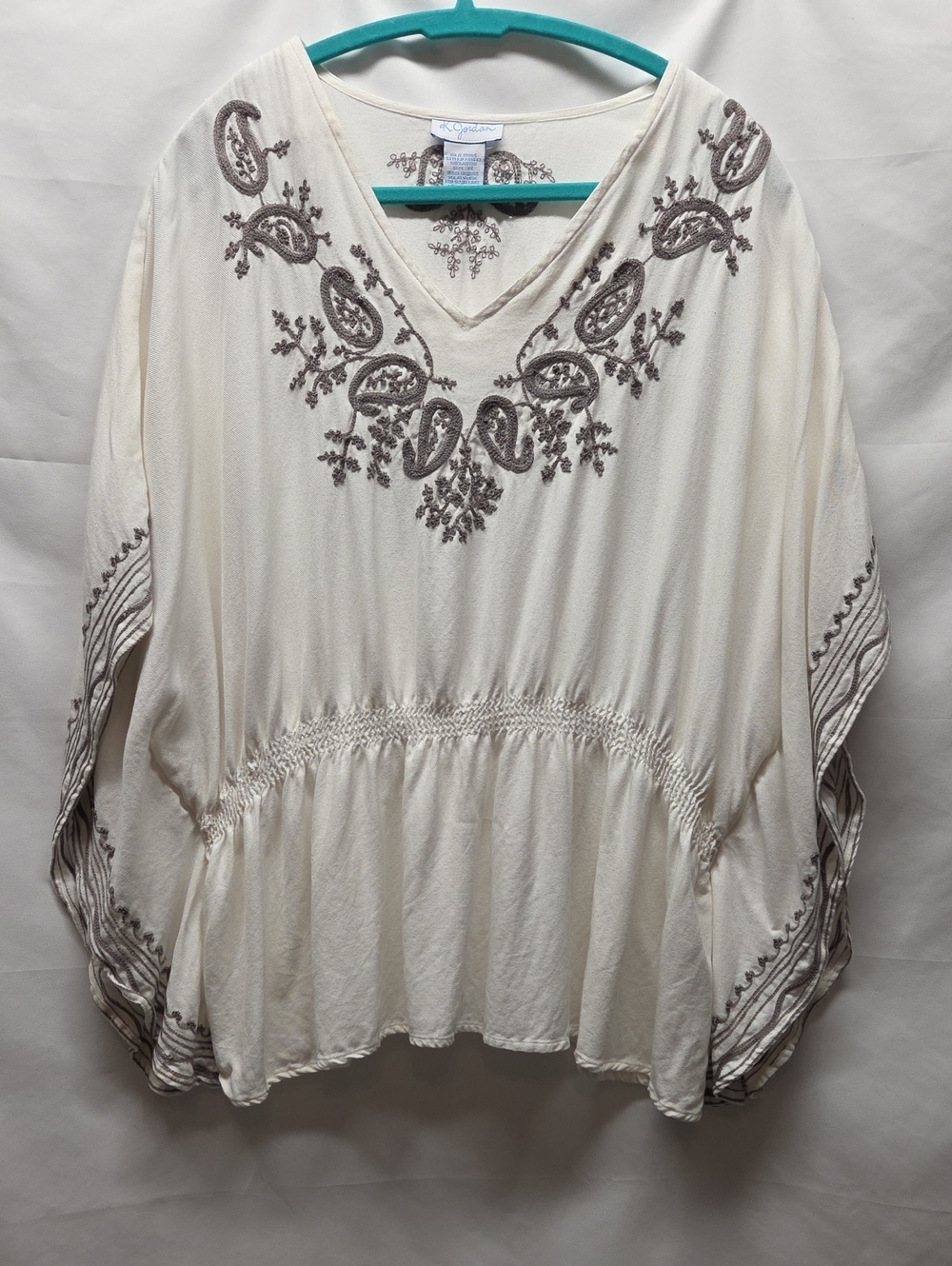 K Jordan Cream V-Neck Embroidered Tunic Taupe Embroidery Granola Boho Lagenlook